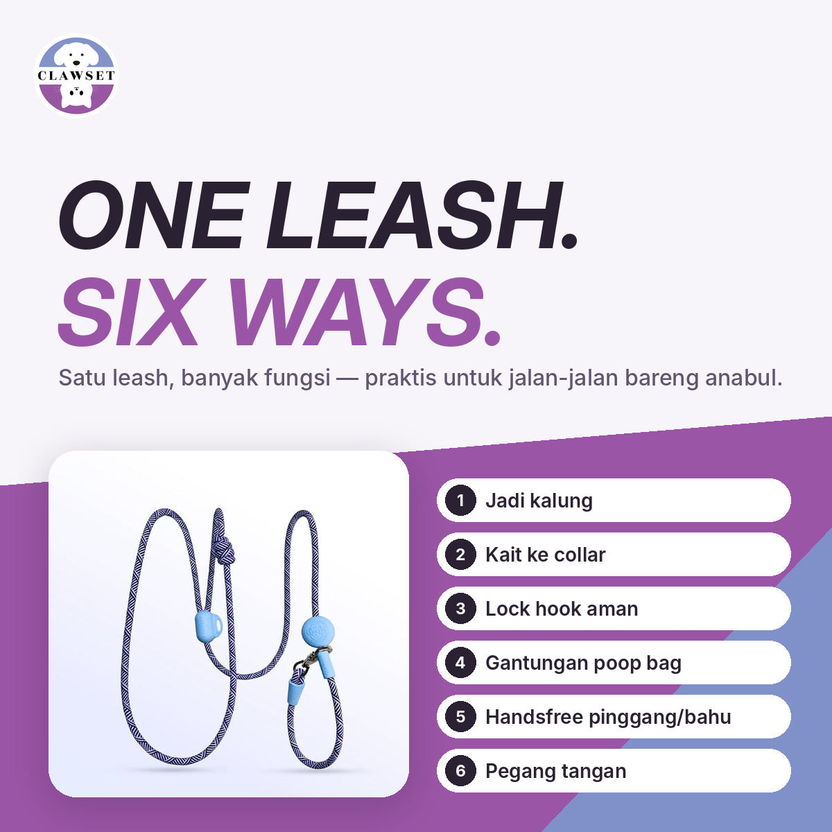 Tali Tuntun Anjing Multifungsi All In One – Handsfree + Kalung