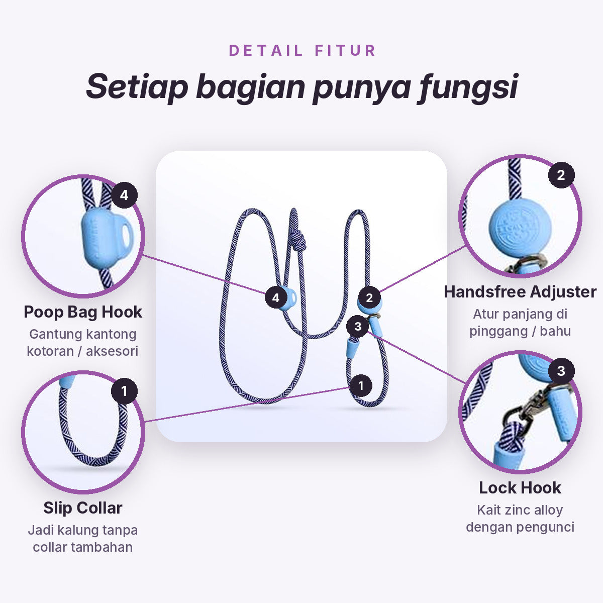 Tali Tuntun Anjing Multifungsi All In One – Handsfree + Kalung
