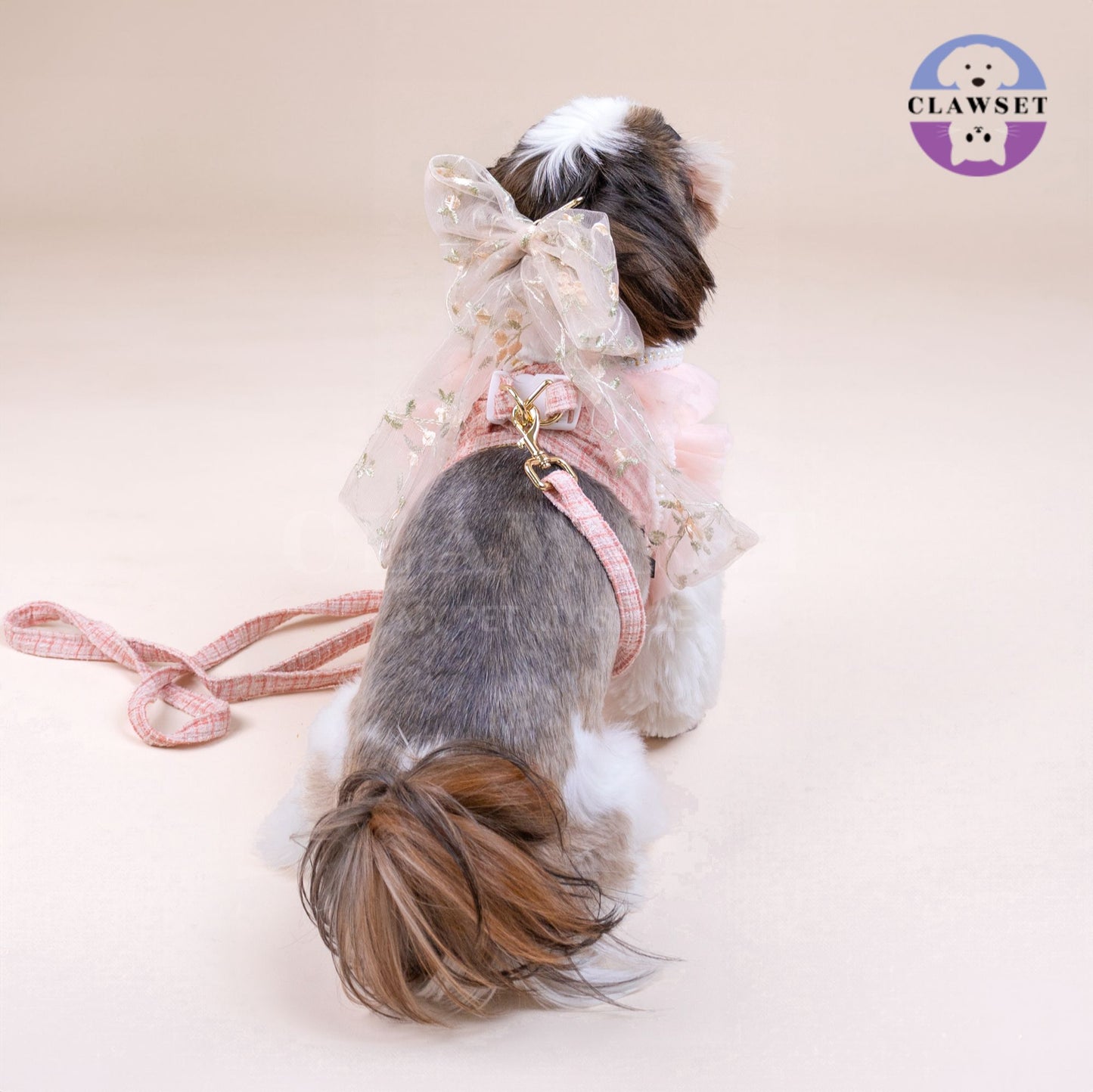Clawset - Pet Fashion - Bride Ribbon Harness with Leash Set - Bride & Groom - Pink