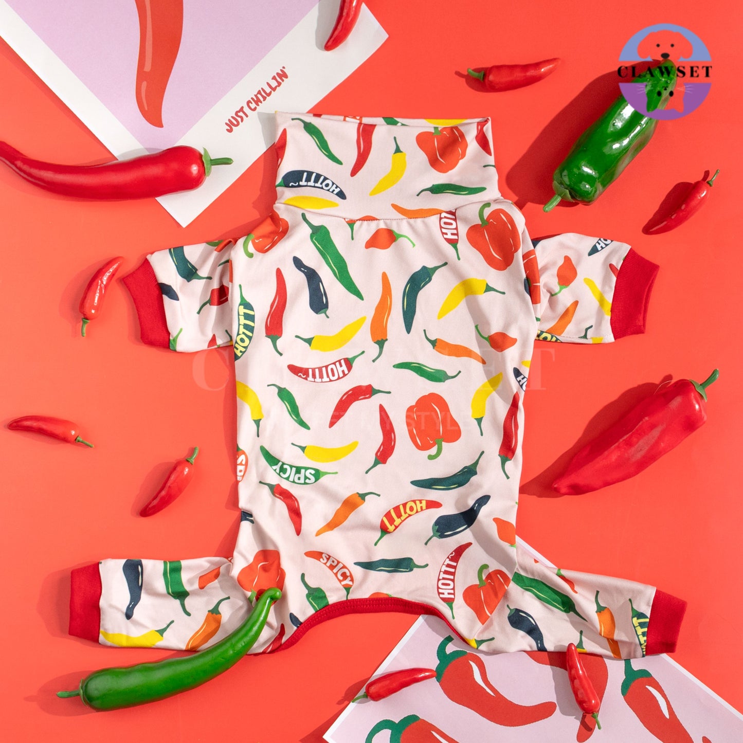 Clawset - Pet Fashion - Pajamas (Baju Piyama Anjing & Kucing) - Veggies Collection – Spicy Chili (Merah Muda)