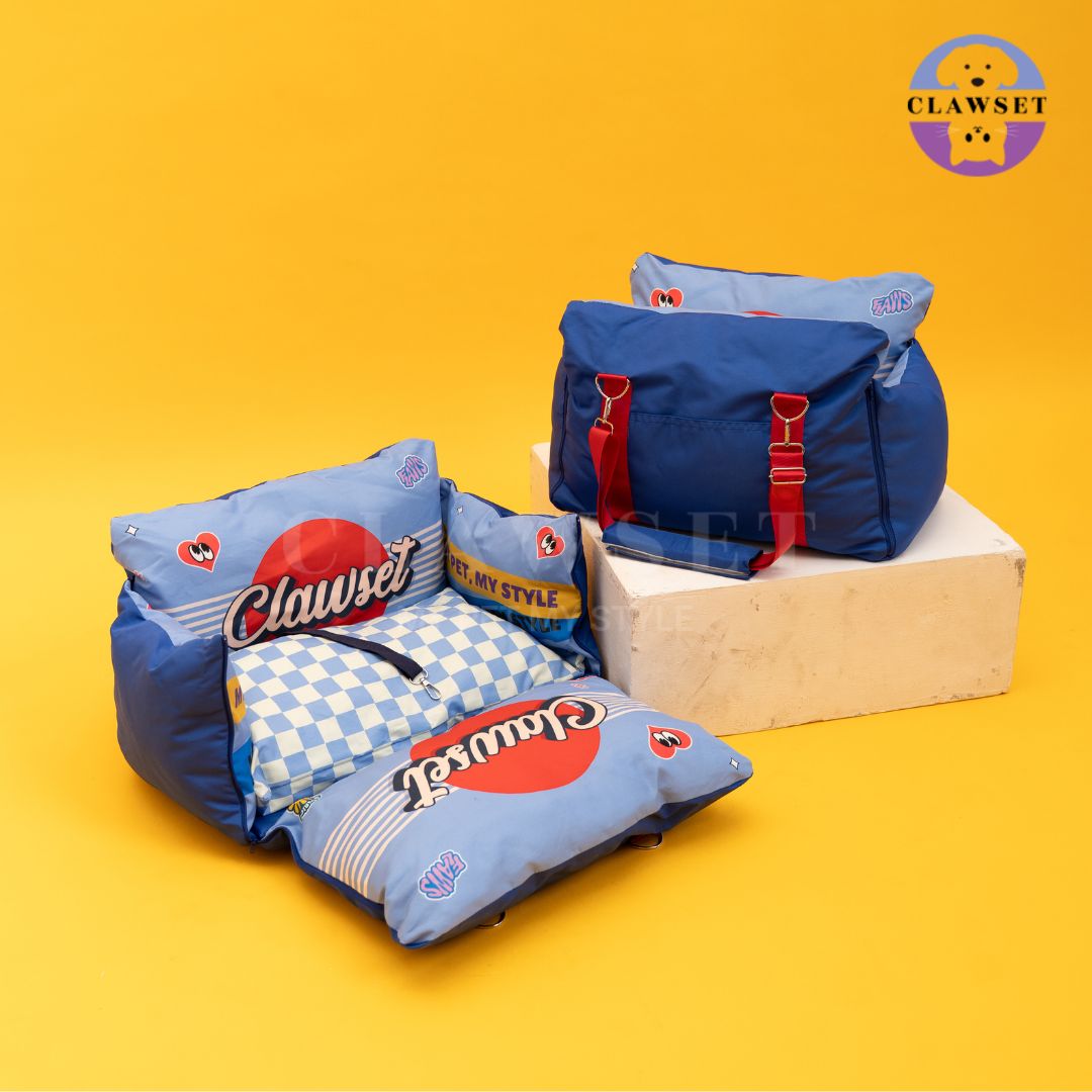 Clawset - 3 in 1 Pet Carrier (Tas Anjing & Kucing) Bag, Bed, Car Seat - Blue